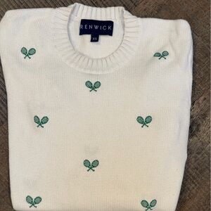 Renwick Vintage Cotton Tennis Embroidered Sweater | White w green embroidery